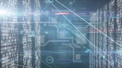 On scene load data network interface generating glowing nodes, linking lines to Stock Footage 314527728