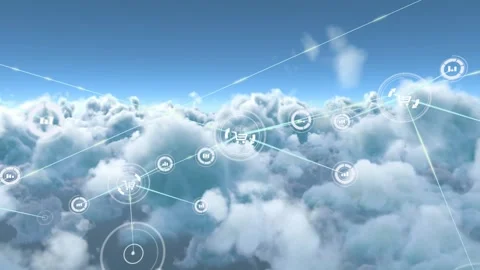 Scene load driving camera pan through 3D clouds, icons floating and linking Vídeo Stock 330227719