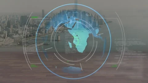 On scene load holographic globe rotating clockwise, HUD rings pulsing, Stock-Footage 323119005