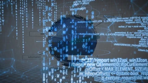 On scene load navy 3D globe rotating, growing, showing code streams and labels Stock Footage 328656756