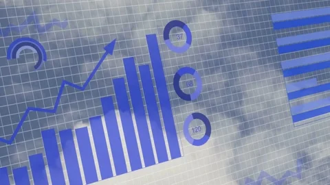 On scene load semi-transparent blue charts growing, line tracing up, rings Stock Footage 334694109