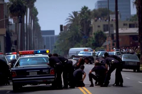 Scene los angeles riots california police cars Stock Photos