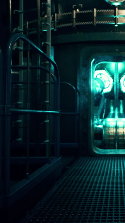 Scene of machinery in a dark room with glowing lights and metal structures Stock Footage 337958566