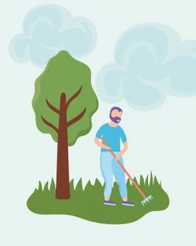 Scene of man with rake, tool of garden Stock Illustration