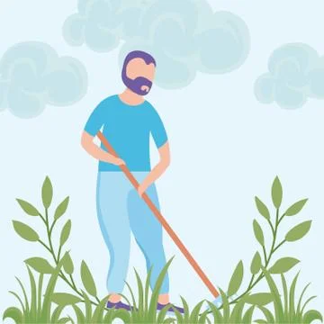 Scene of man with rake, tool of garden Stock Illustration