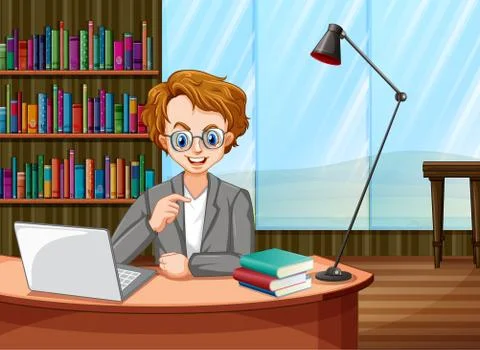 Scene with man working on computer at home Ilustración de archivo