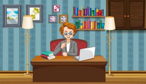 Scene with man working on computer at home Ilustración de archivo