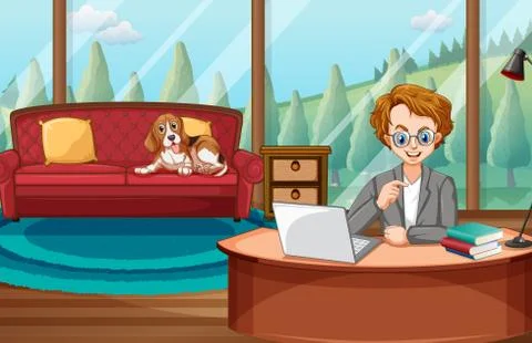 Scene with man working on computer at home Ilustración de archivo