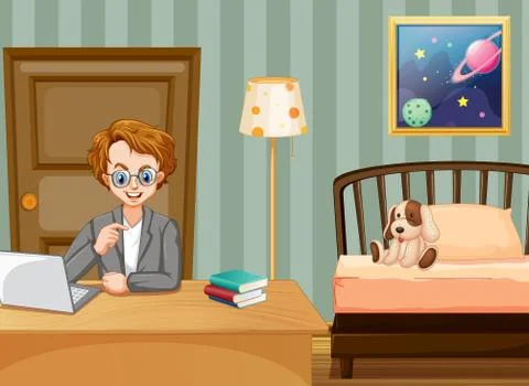 Scene with man working on computer at home Ilustración de archivo