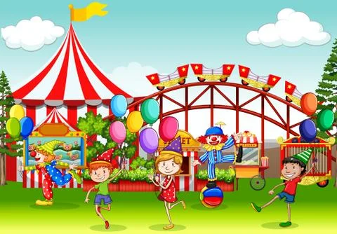 Scene with many children having fun in the circus fair Illustrazione stock