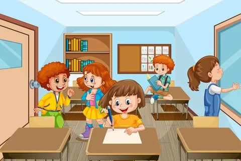 Scene with many kids studying in the classroom Illustrazione stock