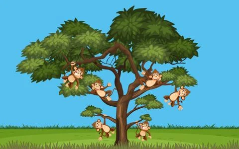 Scene with many monkeys hanging on the tree Illustrazione stock