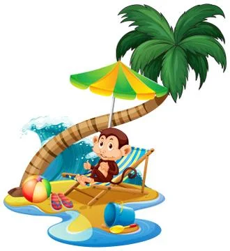 Scene with monkey sitting on the beach on white background Illustrazione stock