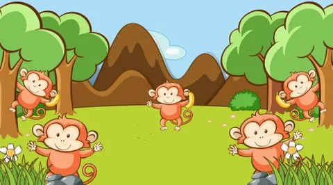 Scene with monkeys in the park Stock Illustration