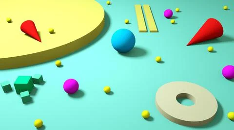A scene with multicolored figures of red, blue, purple, yellow and beige color.  Stock Illustration