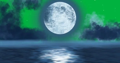 Scene at night with clouds, fog and moon shining and reflecting in water Stock Footage 324892508