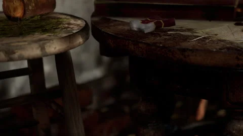 Scene of old tables with objects in a worn down location with signs of wear Stock Footage 345007041