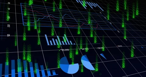 Scene opening bar and pie charts moving, code streams flowing, camera panning Stock Footage 315786783