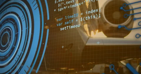 Scene opening grid backdrop blue HUD ring pulsing, code fading, engine rotating Stock Footage 315716111