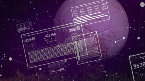 Scene opening initiating AR scanning soccer ball data while panels cycling Stock Footage 312482202