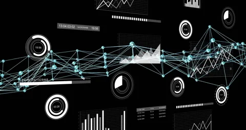 Scene opening launching turquoise network nodes pulsing, visualizing changes and Stock Footage 309681574