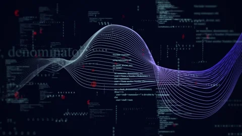 Scene opening with multiline ribbon arching left over code undulating expanding Stock Footage 334337943