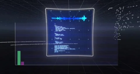 Scene opening showing 3D dashboard rising bars, expanding rings, scrolling code Stock Footage 317206311