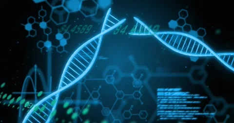 Scene opening starting rotating DNA helices cracking reforming with code and Stock Footage 317228412