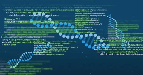 As scene opens dotted double-helix moving and pulsing while code flowing to Stock Footage 321824967
