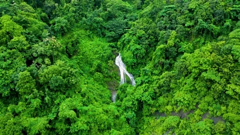 The scene pulls back from a cascading waterfall in the mountains, revealing the  Stock Footage 287773135