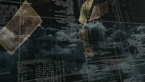 Scene pulsing on data pulse, shifting code overlay into falling sepia notes Stockbeeldmateriaal 335651972