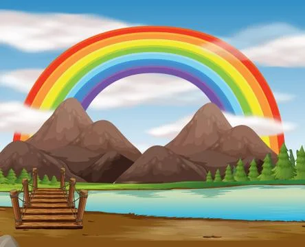 Scene with rainbow over the river Ilustração Stock