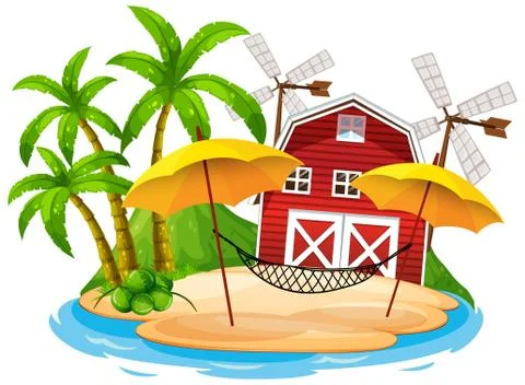 Scene with red barn and hammock on white background Stock Illustration