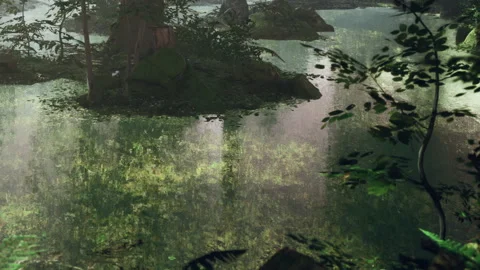 Scene of reflection in a quiet water body surrounded by trees and greenery Stock Footage 339472932