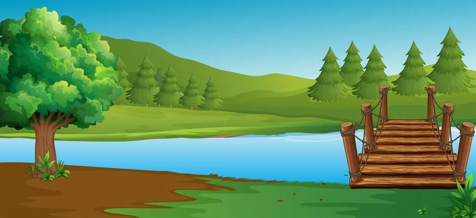 Scene with river and pine trees Stock Illustration