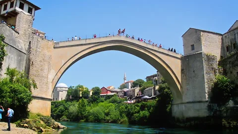 Scene from the river Neretva level to the Old Bridge. Stock Footage 152955248