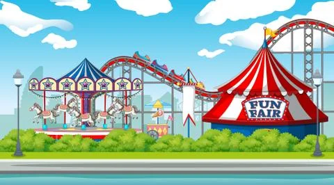 Scene with roller coaster and carousel in the fair Stock Illustration