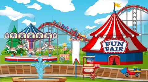 Scene with roller coaster and carousel in the fair Stock Illustration