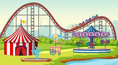 Scene with roller coaster and carousel in the fun fair Stock Illustration