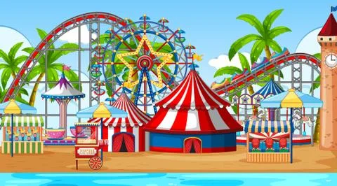Scene with roller coaster and ferris wheel in the fair Stock Illustration