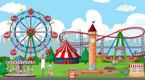 Scene with roller coaster and many rides in the fun park Ilustración de archivo