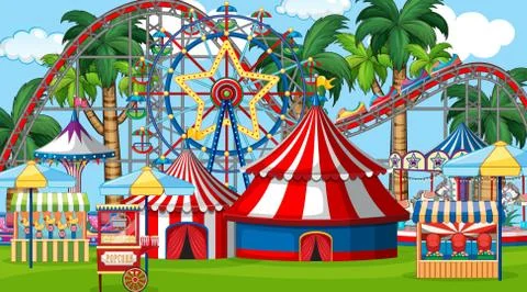 Scene with roller coaster and many rides in the fair Stock Illustration