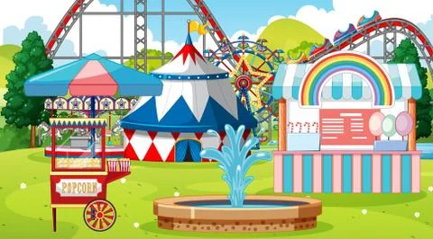 Scene with roller coaster and other rides in the park Ilustración de archivo