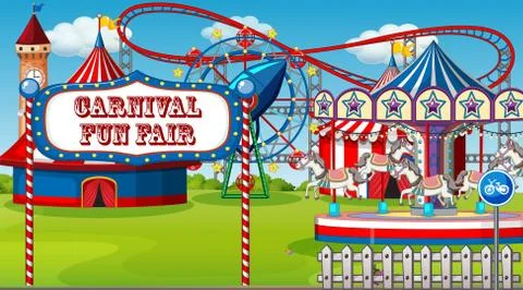 Scene with roller coaster and other rides in the fair Illustrazione stock