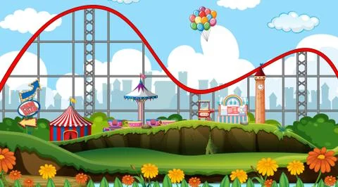 Scene with roller coaster and other rides in the park Ilustración de archivo