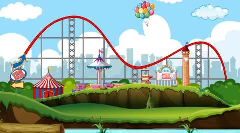 Scene with roller coaster and other rides in the park Ilustración de archivo