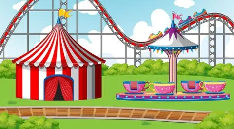 Scene with roller coaster and spinning cup in the fair Stock Illustration