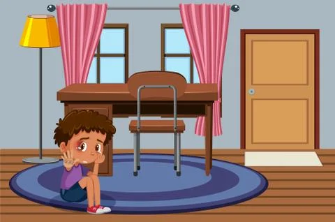 Scene with sad boy with bruises sitting alone in the room Stock Illustration