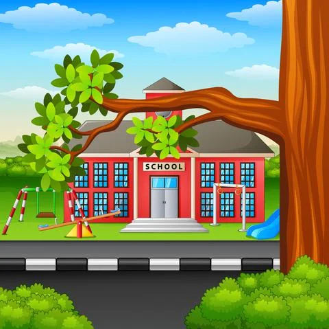Scene school building and tree branch 스톡 일러스트