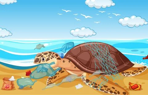 Scene with sea turtle and plastic bags on beach Stock Illustration
